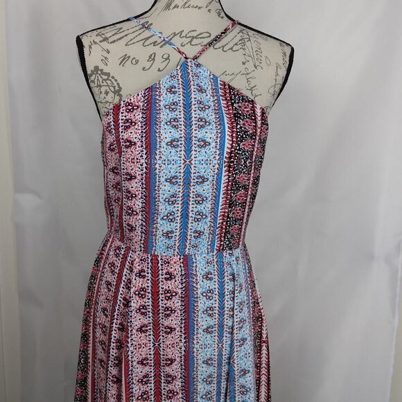 1.State | "Fiesta" Red Blue Print Spaghetti Maxi Dress | Size 4 - Picture 2 of 6